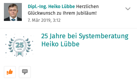 Bildschirmfoto der XING-Aktivität zu meinem 25. Firmenjubiläum