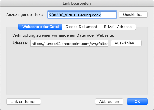 Anzuzeigender Text enthält nur noch den Dateinamen im Microsoft Outlook Dialog zum Link bearbeiten