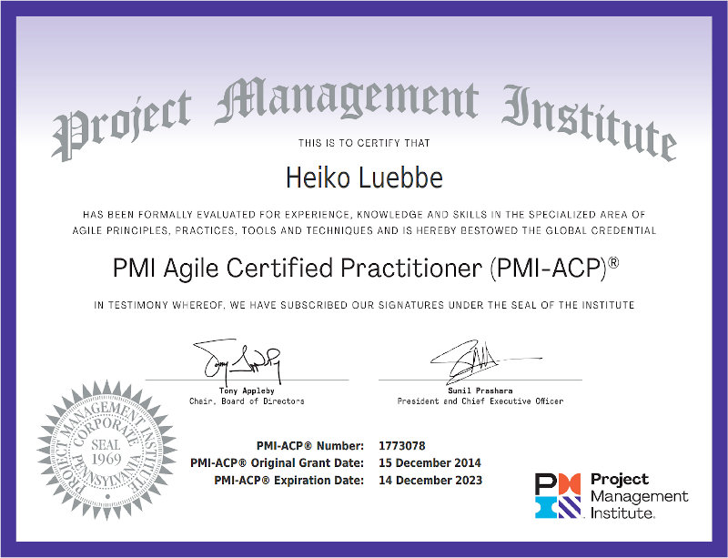 PMI Agile Certified Practitioner Certificate Heiko Lübbe
