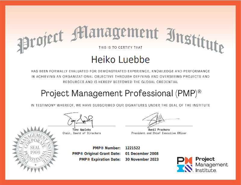 PMP Zertifikat Heiko Lübbe
